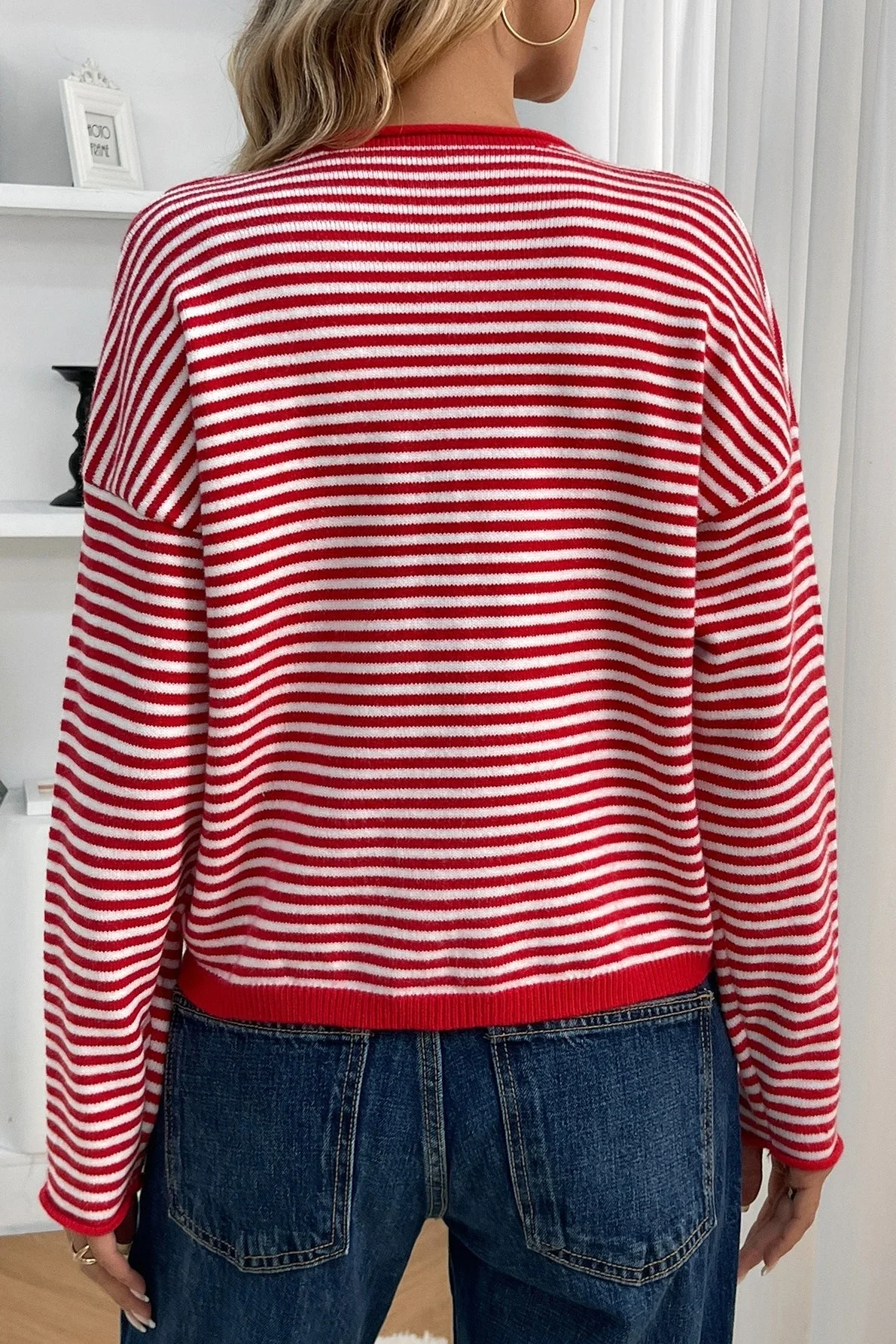 Striped Knit Round Neck Cardigan - Image 4