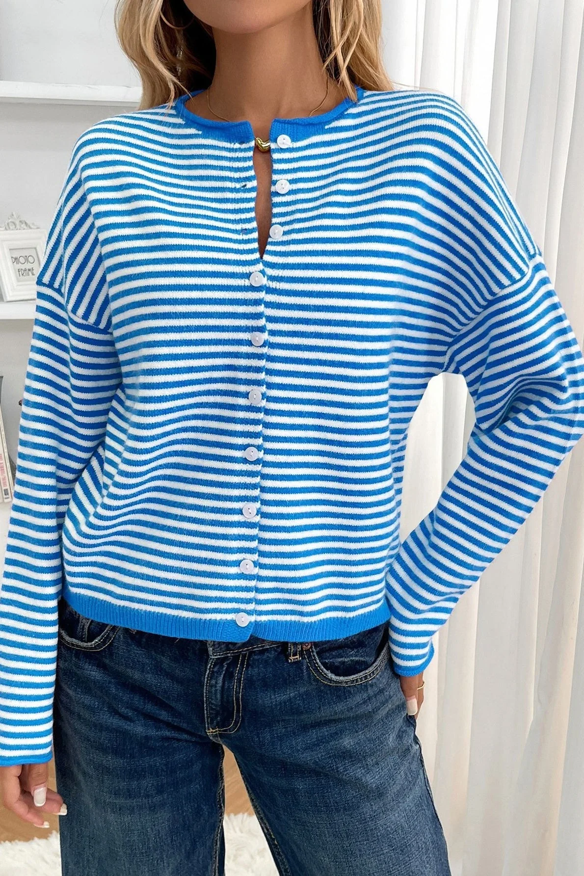 Striped Knit Round Neck Cardigan - Image 7