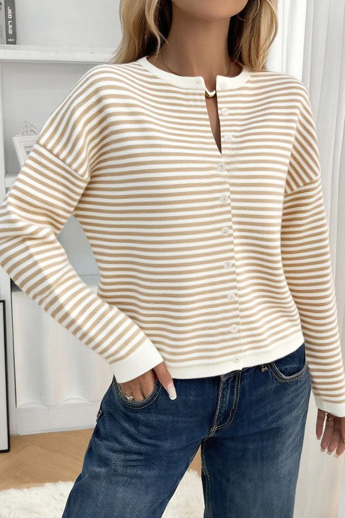 Striped Knit Round Neck Cardigan - Image 9