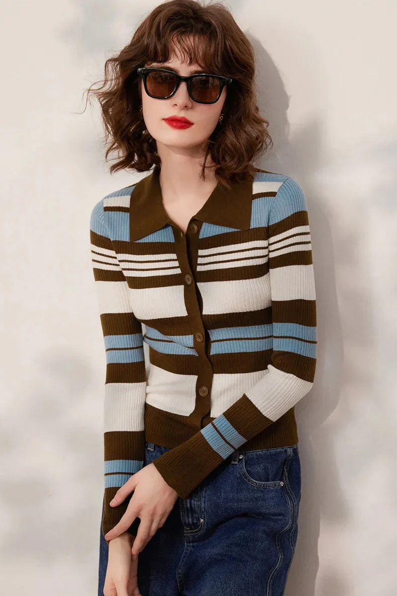 Striped Knit Turn-down Collar Cardigan - Image 2