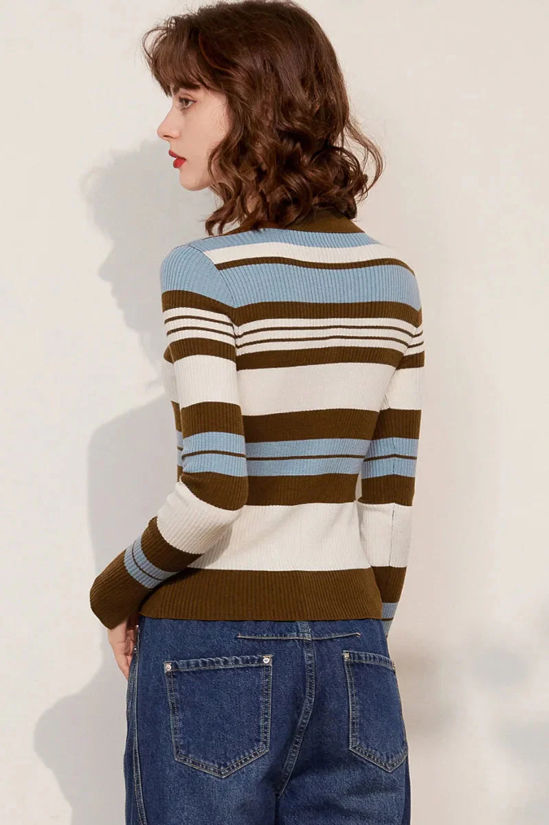 Striped Knit Turn-down Collar Cardigan - Image 3