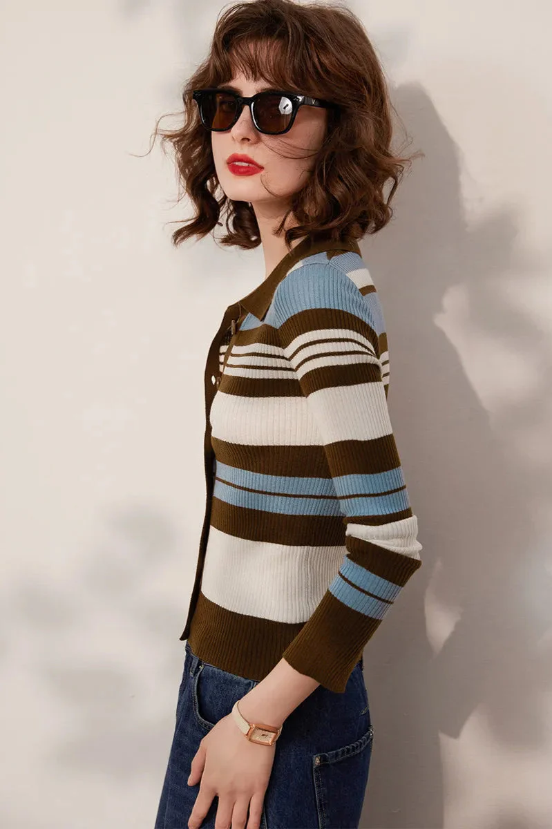 Striped Knit Turn-down Collar Cardigan - Image 4