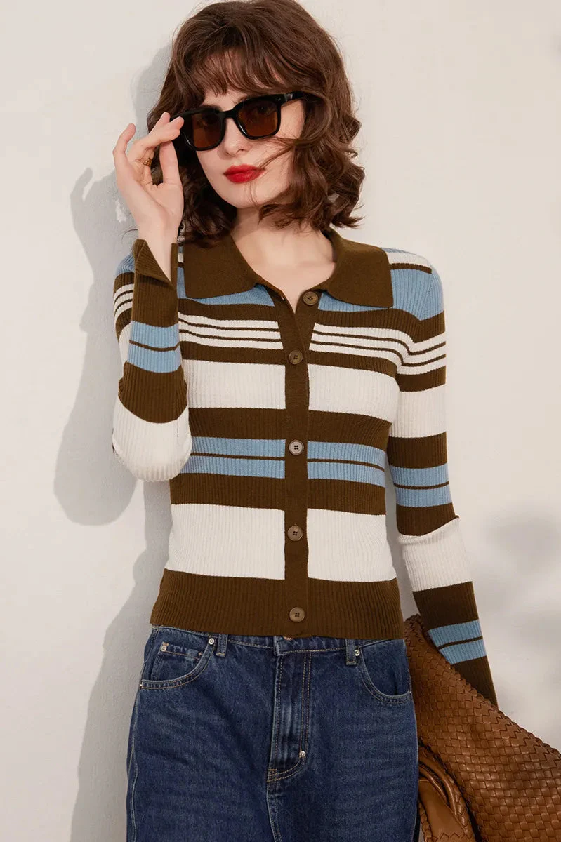 Striped Knit Turn-down Collar Cardigan - Image 5