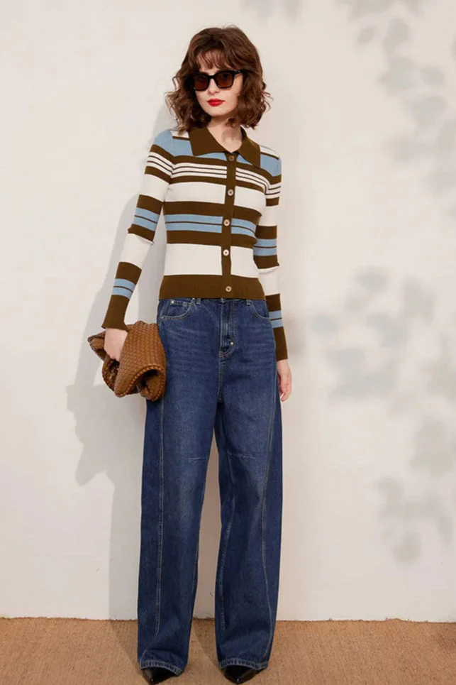 Striped Knit Turn-down Collar Cardigan - Image 6