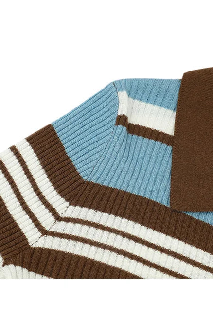 Striped Knit Turn-down Collar Cardigan - Image 7