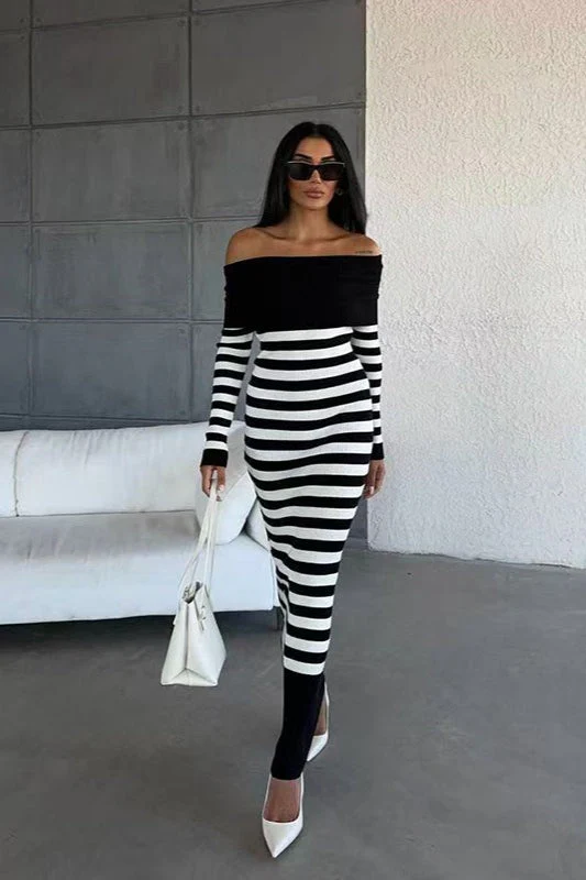 Striped Off Shoulder Sweater Dress - Image 2