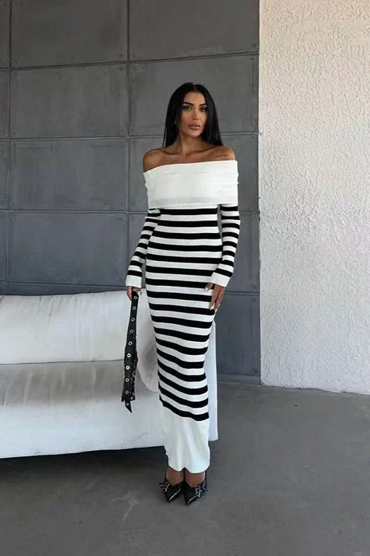 Striped Off Shoulder Sweater Dress - Image 3
