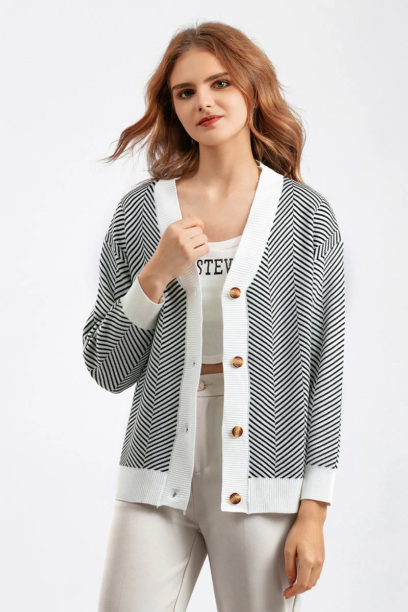 Striped V-Neck Buttoned Knit Sweater