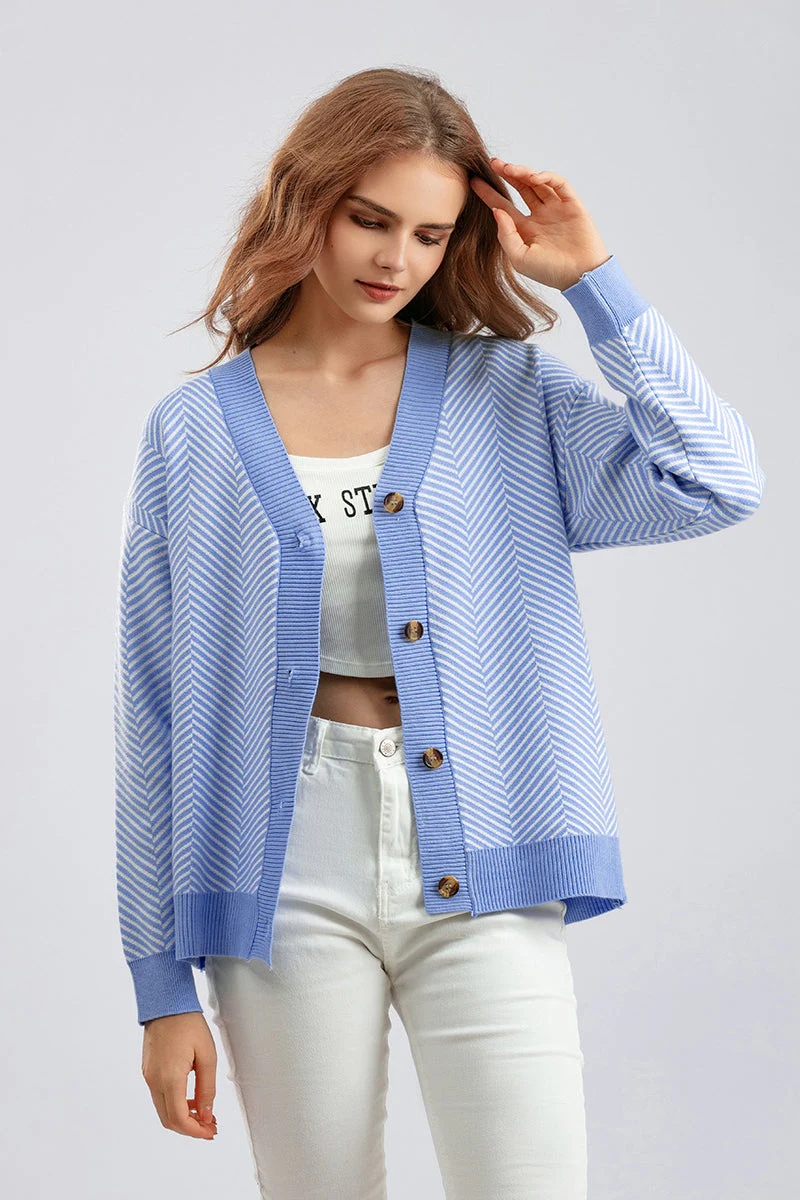 Striped V-Neck Buttoned Knit Sweater - Image 12