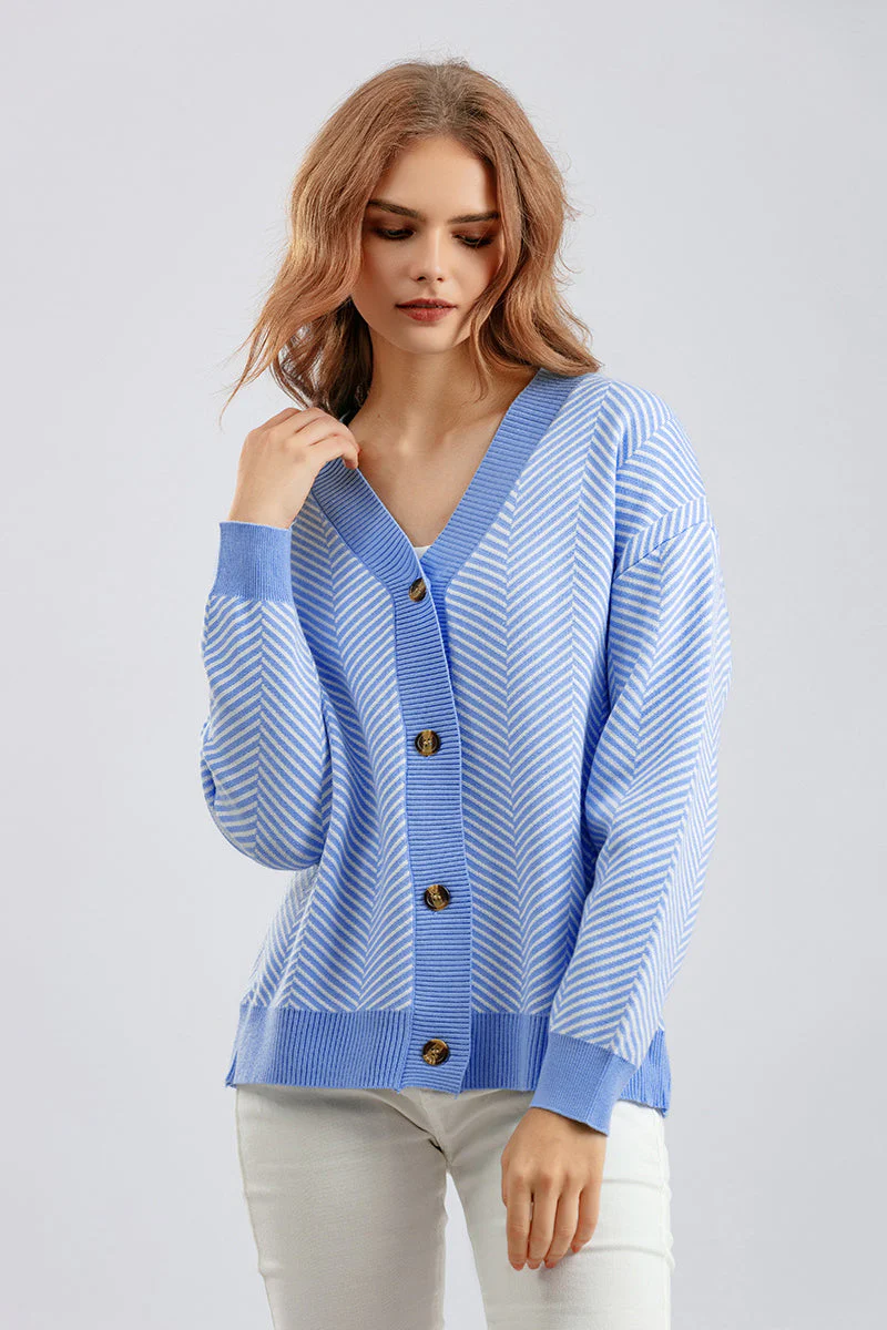 Striped V-Neck Buttoned Knit Sweater - Image 13