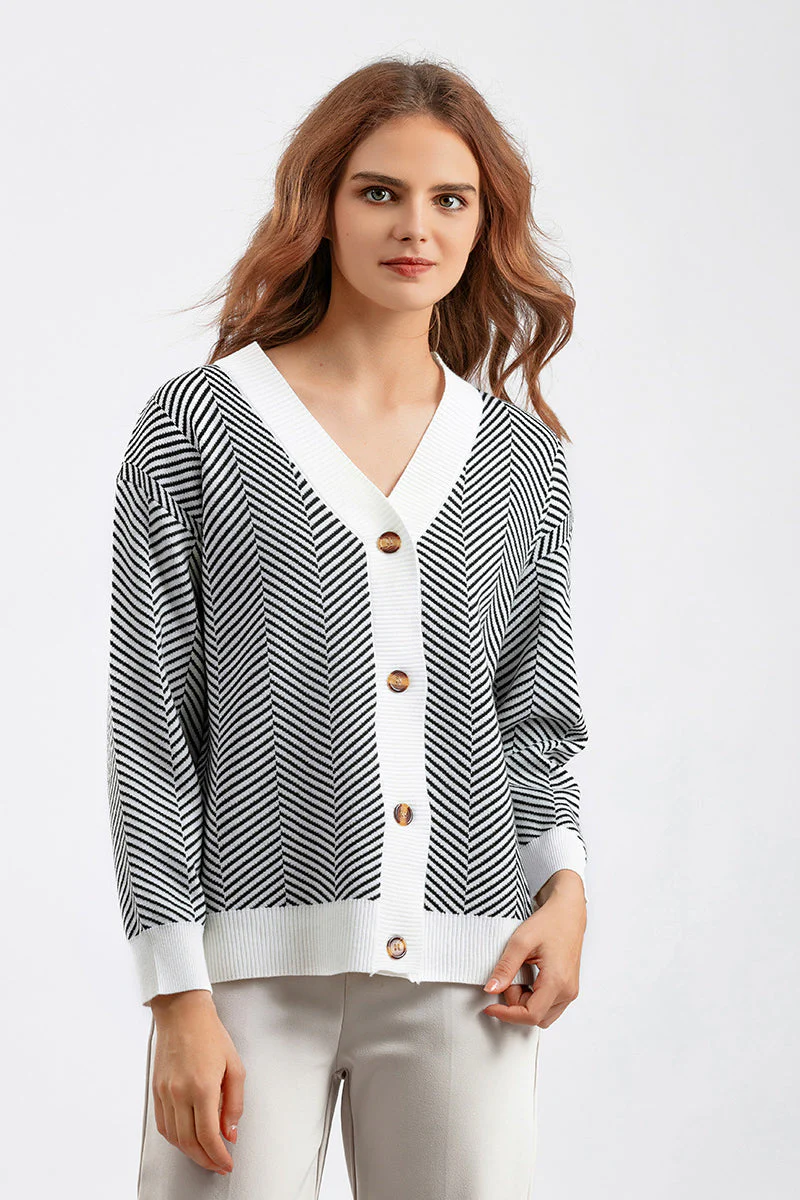 Striped V-Neck Buttoned Knit Sweater - Image 14