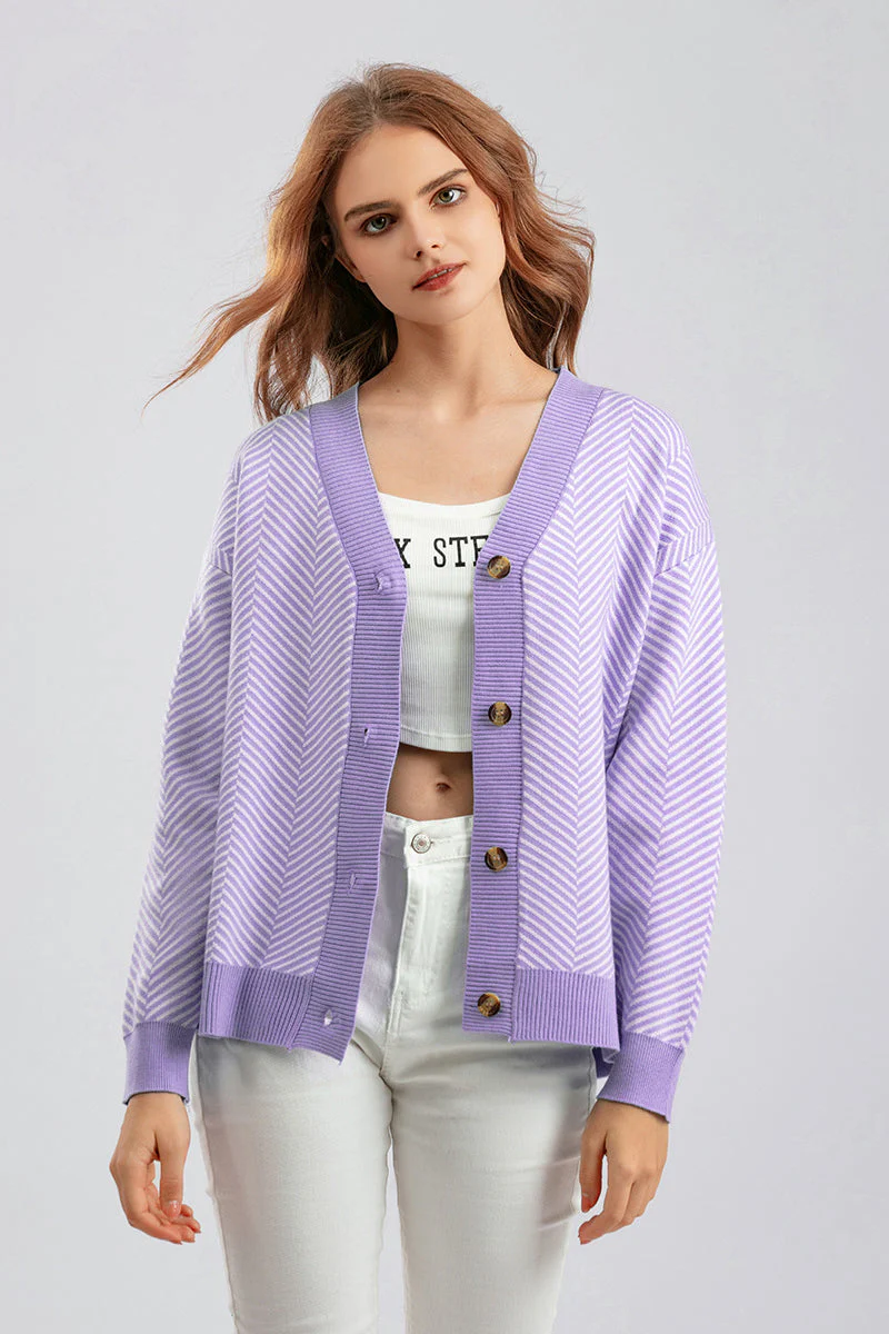 Striped V-Neck Buttoned Knit Sweater - Image 18