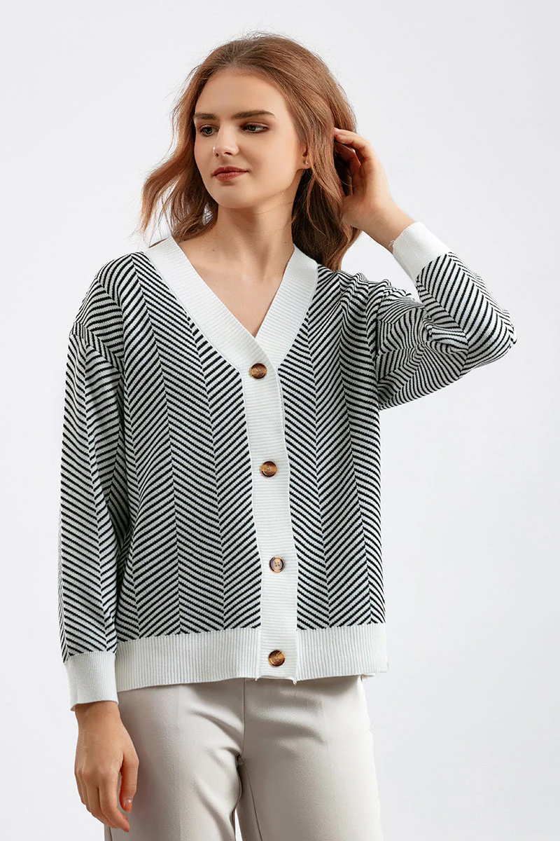 Striped V-Neck Buttoned Knit Sweater - Image 2