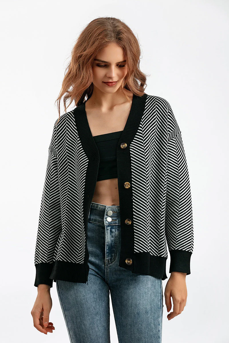 Striped V-Neck Buttoned Knit Sweater - Image 28