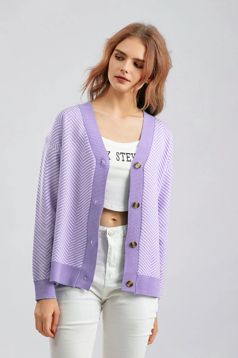 Striped V-Neck Buttoned Knit Sweater - Image 31