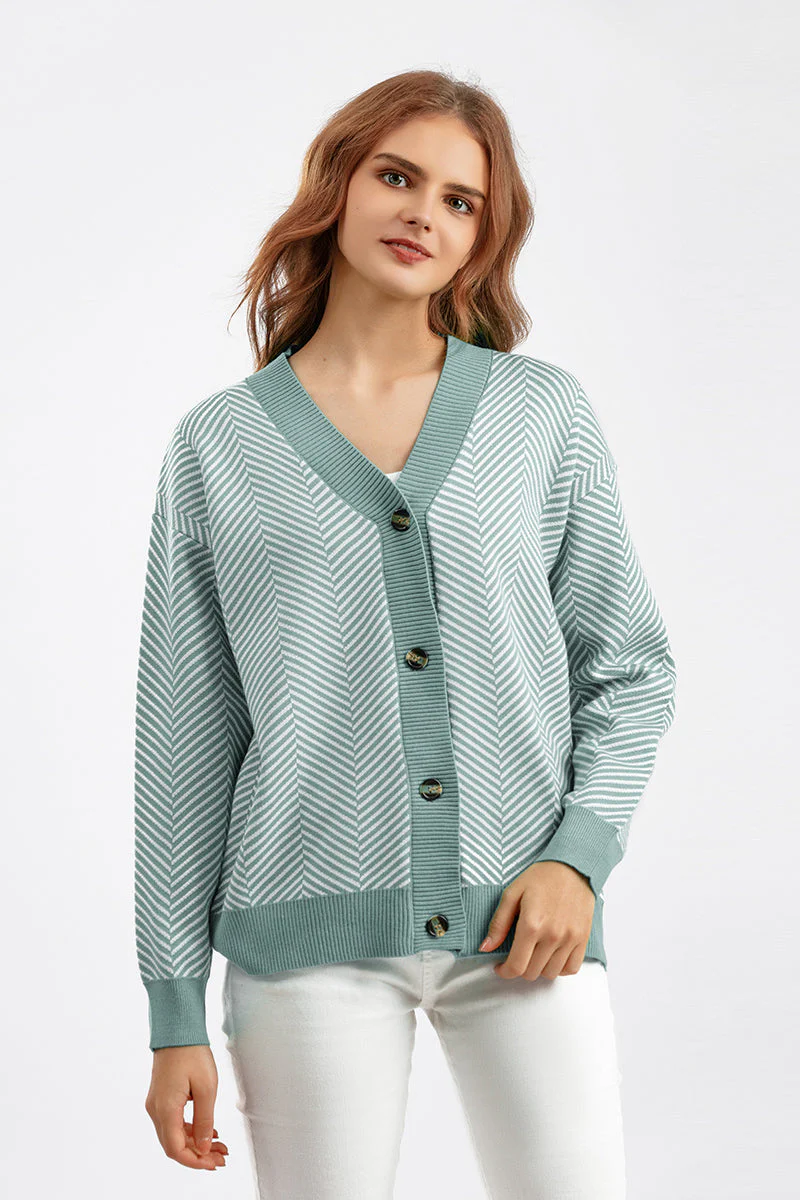 Striped V-Neck Buttoned Knit Sweater - Image 32