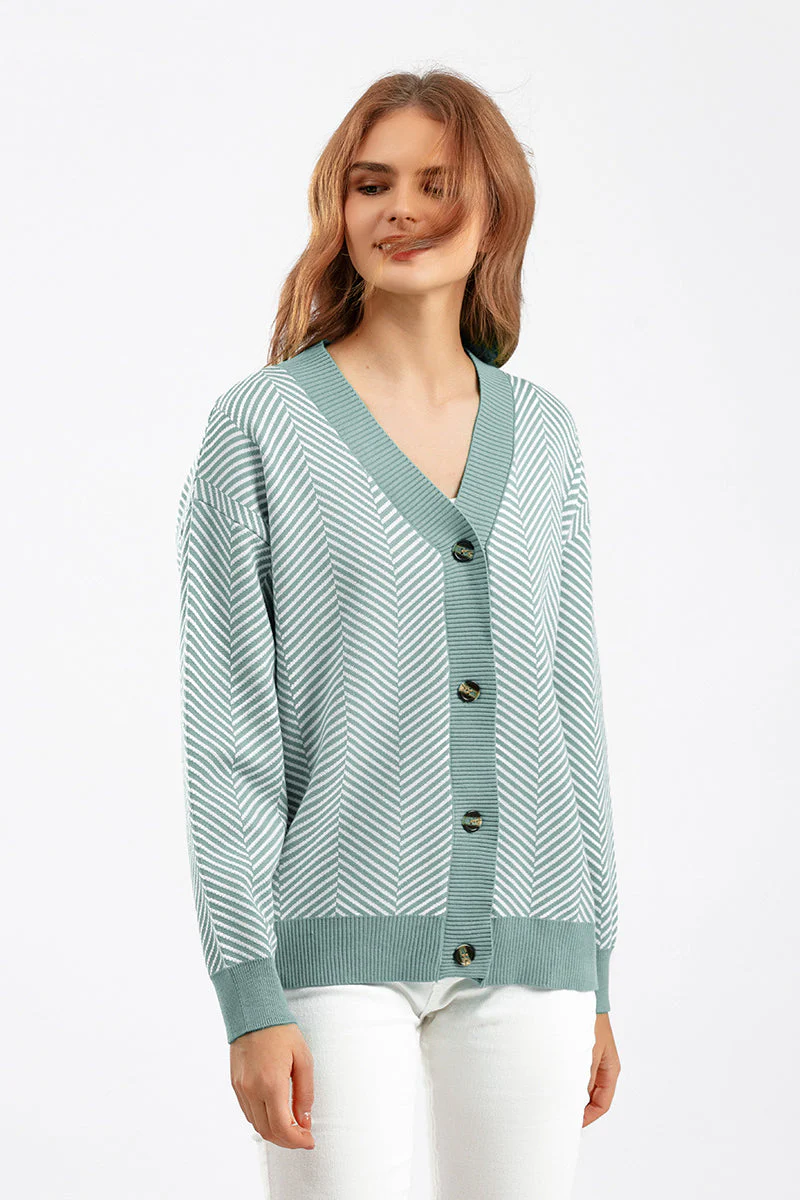 Striped V-Neck Buttoned Knit Sweater - Image 33
