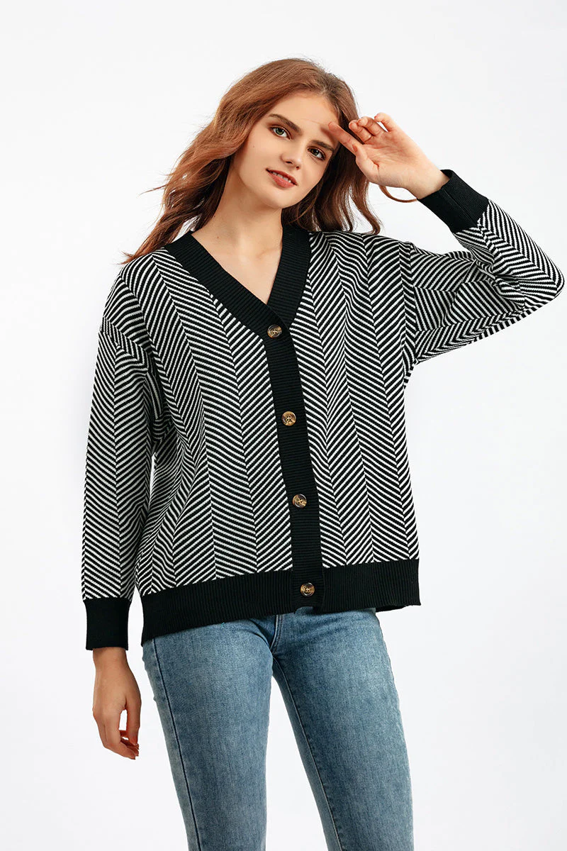 Striped V-Neck Buttoned Knit Sweater - Image 34