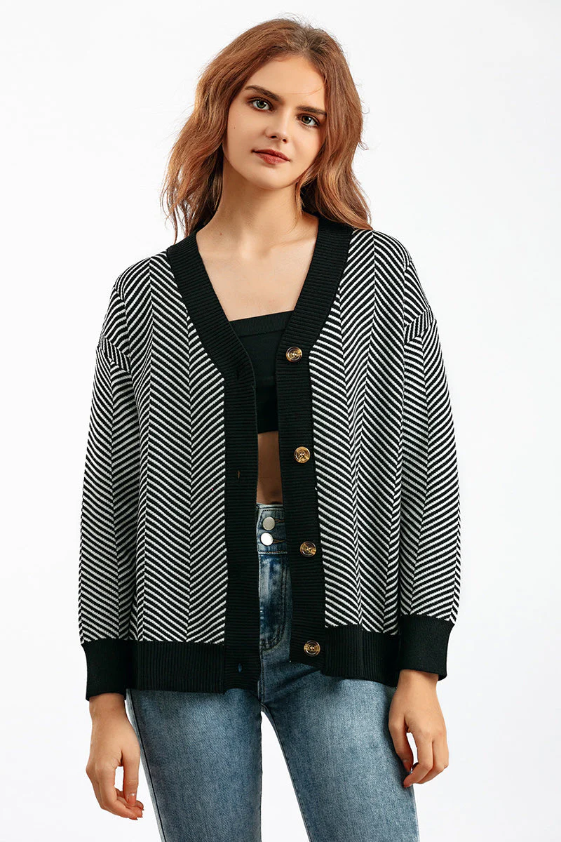 Striped V-Neck Buttoned Knit Sweater - Image 5