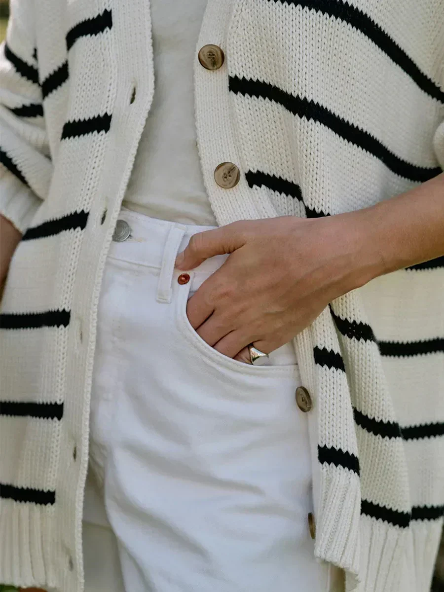 Striped V-Neck Knit Cardigan - Image 2