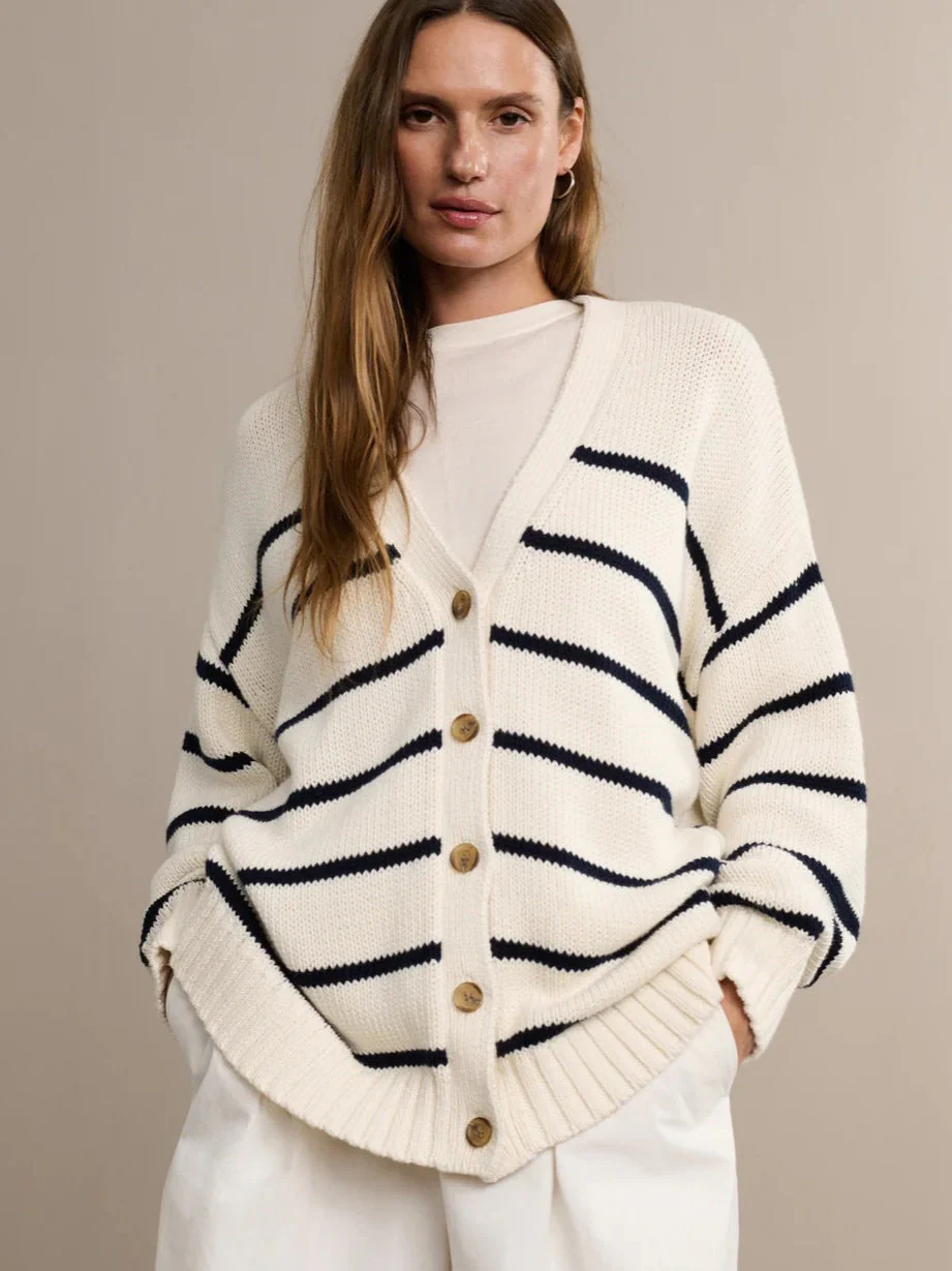 Striped V-Neck Knit Cardigan - Image 3