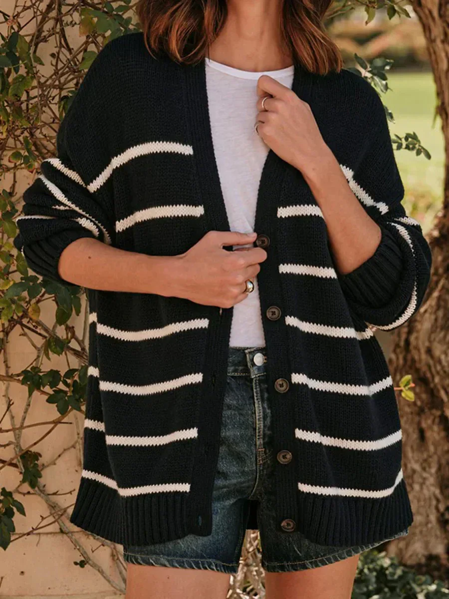 Striped V-Neck Knit Cardigan - Image 5