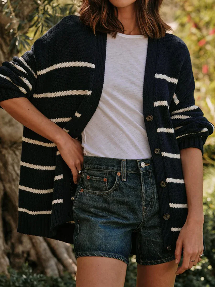 Striped V-Neck Knit Cardigan - Image 6