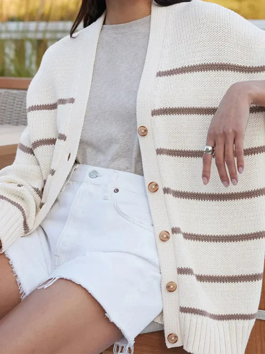 Striped V-Neck Knit Cardigan - Image 7