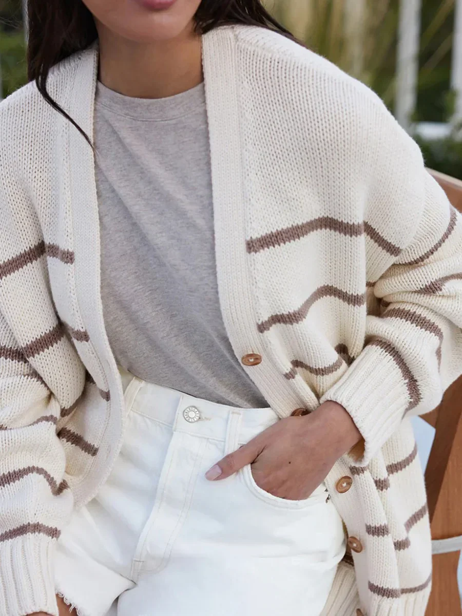Striped V-Neck Knit Cardigan - Image 8