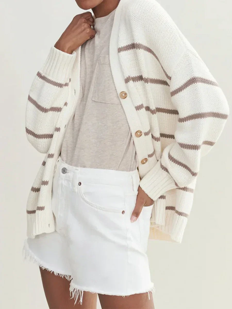 Striped V-Neck Knit Cardigan - Image 9