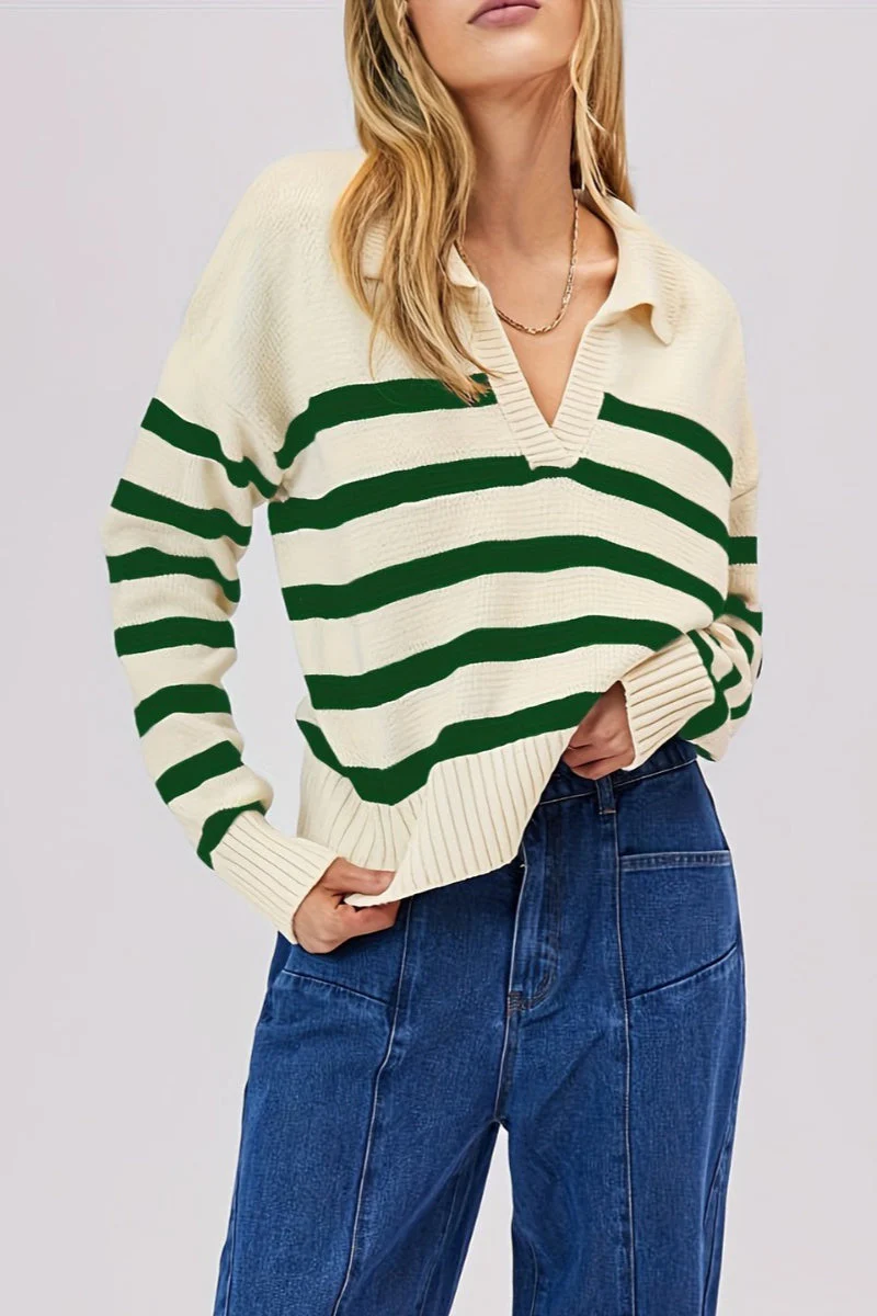 Striped Wool Collar V-Neck Sweater - Image 16