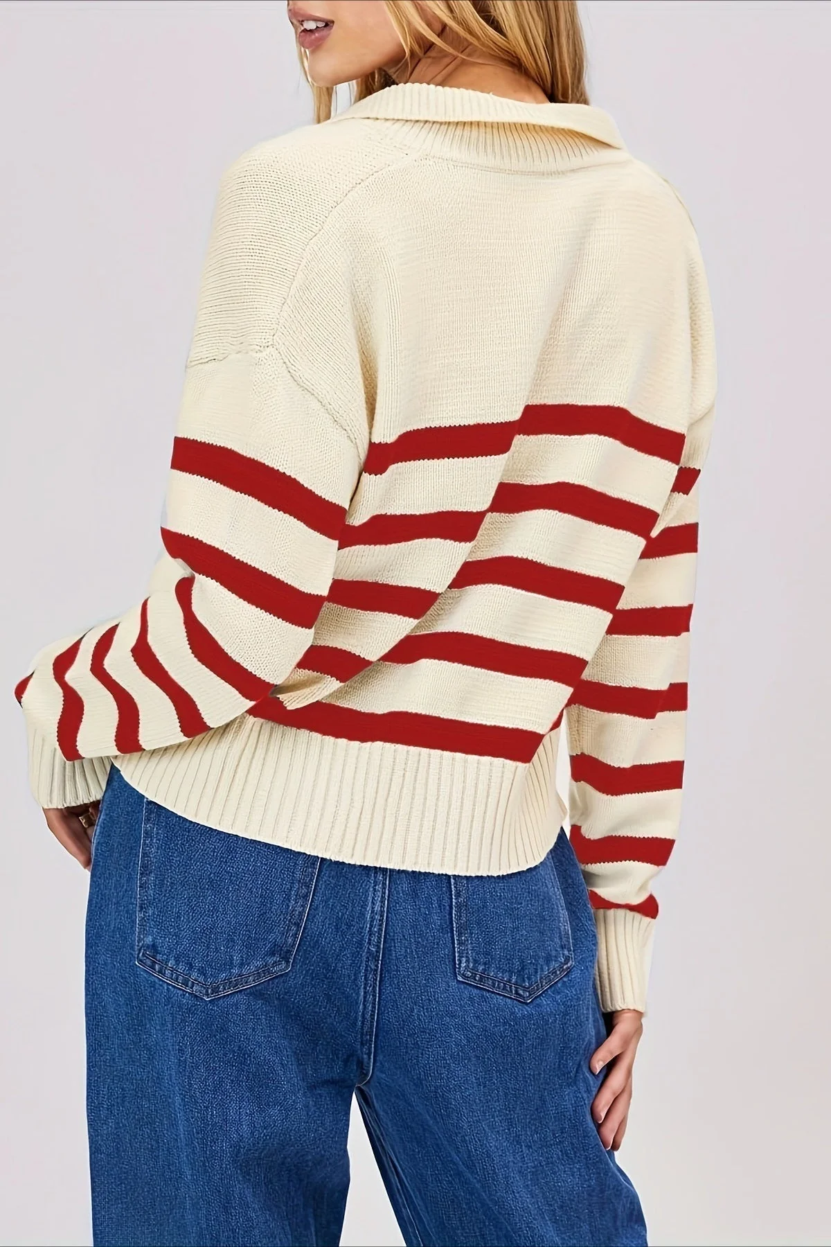 Striped Wool Collar V-Neck Sweater - Image 21
