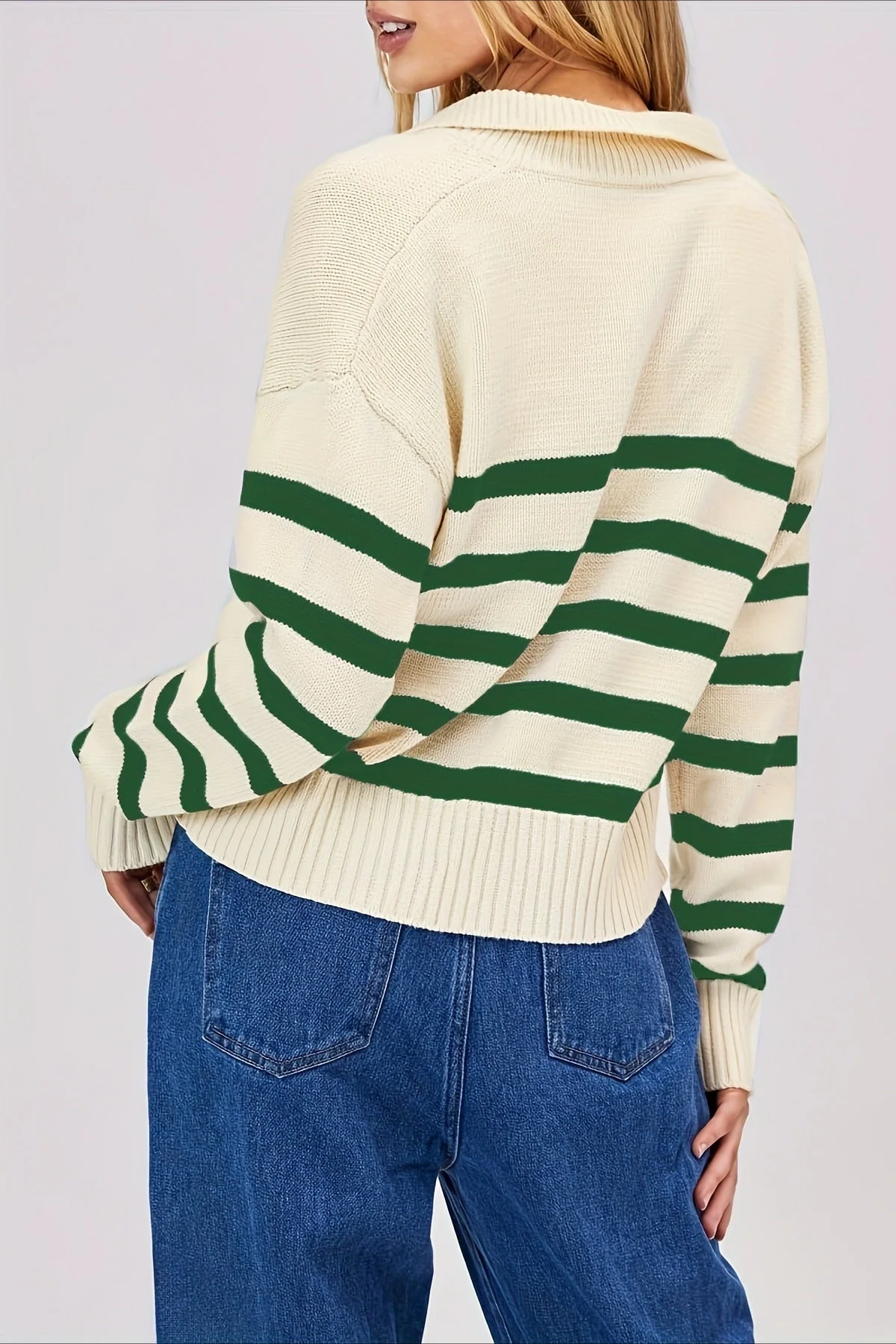 Striped Wool Collar V-Neck Sweater - Image 25