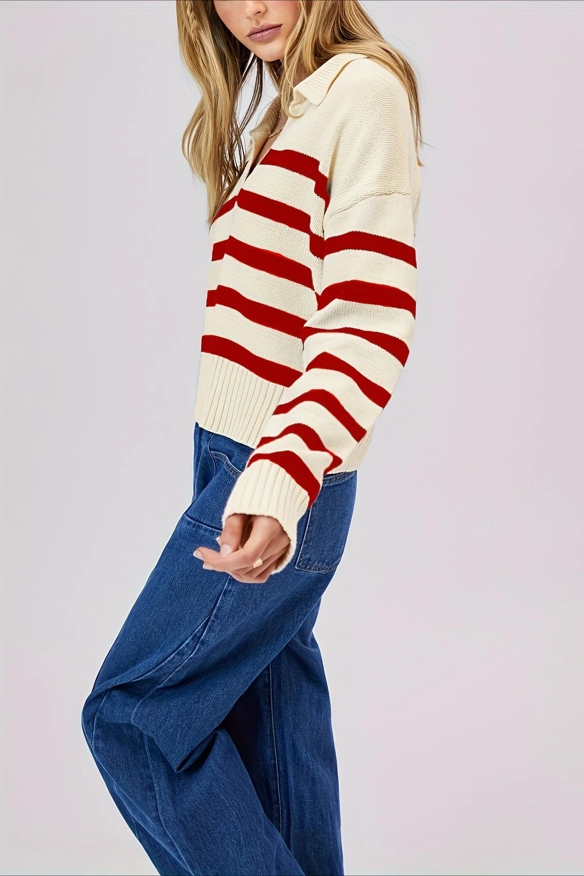 Striped Wool Collar V-Neck Sweater - Image 31