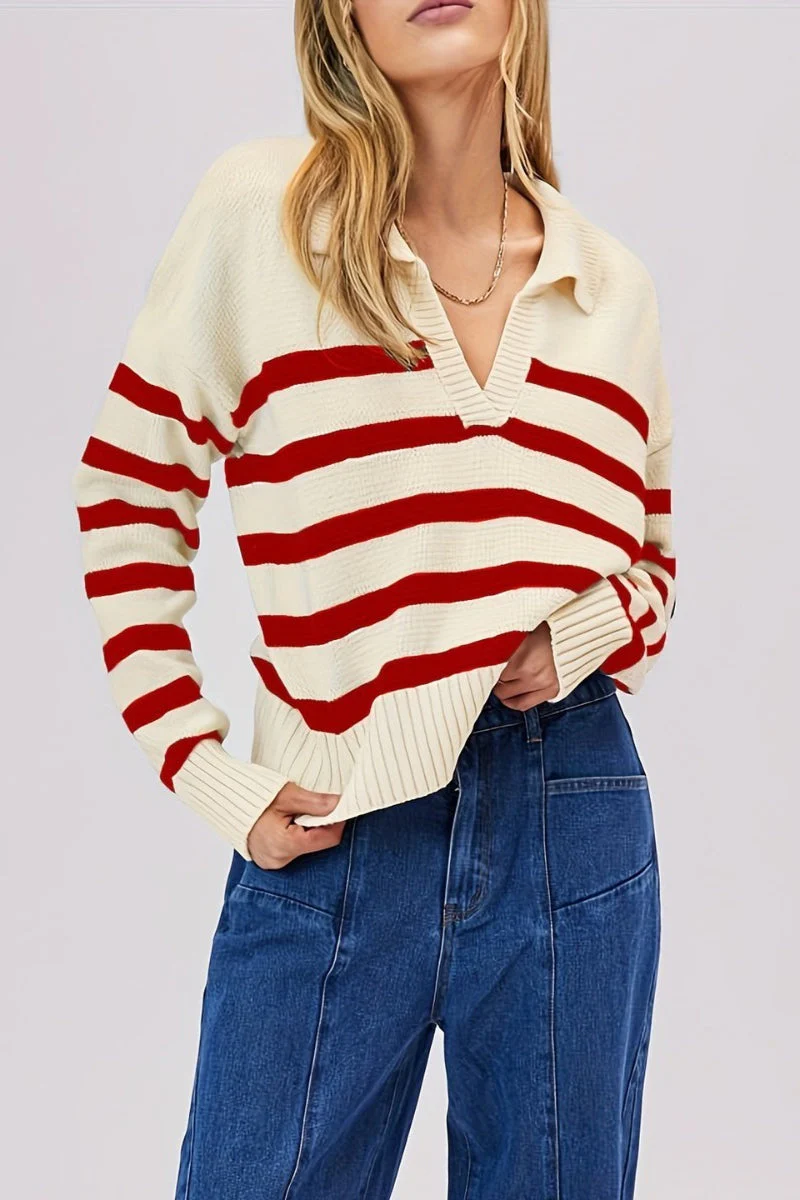 Striped Wool Collar V-Neck Sweater - Image 33