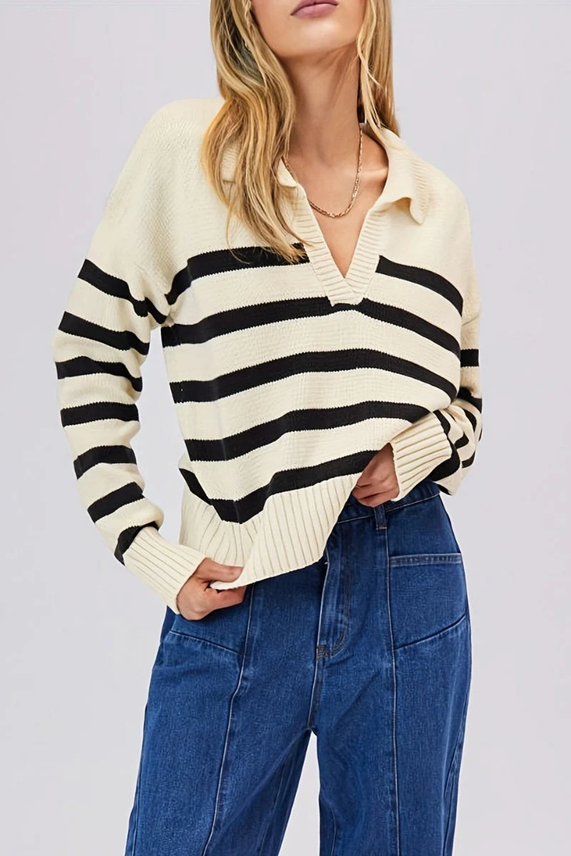 Striped Wool Collar V-Neck Sweater - Image 4