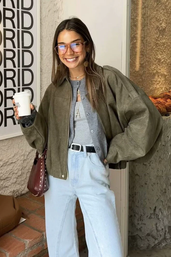 Sueded Texture Bomber Jacket - Image 5