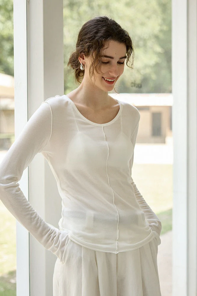 Tencel Wool Blend Round Neck Knit Top - Image 4