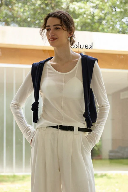 Tencel Wool Blend Round Neck Knit Top - Image 6