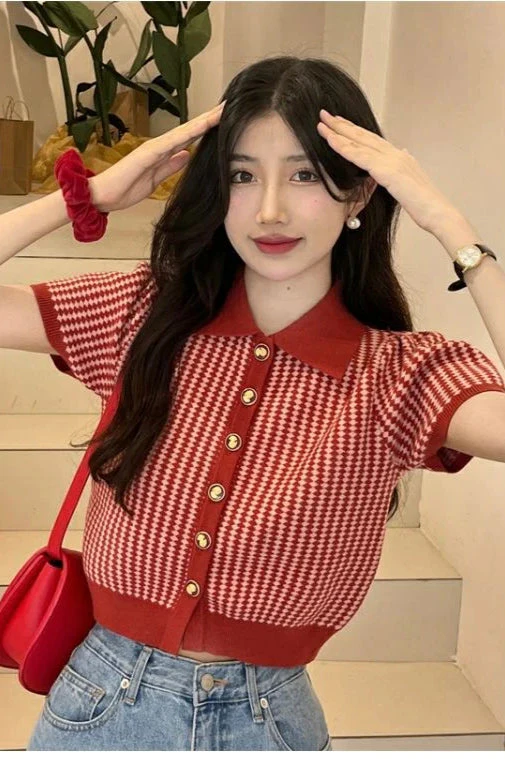 Thin Knit Turn-down Collar Short Sleeve Cardigan - Image 16