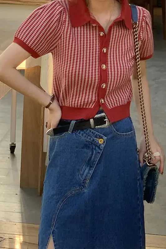 Thin Knit Turn-down Collar Short Sleeve Cardigan - Image 19