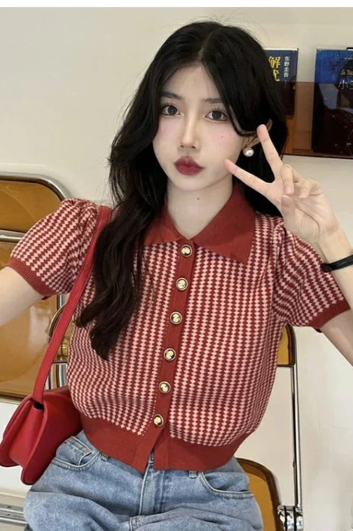 Thin Knit Turn-down Collar Short Sleeve Cardigan - Image 7