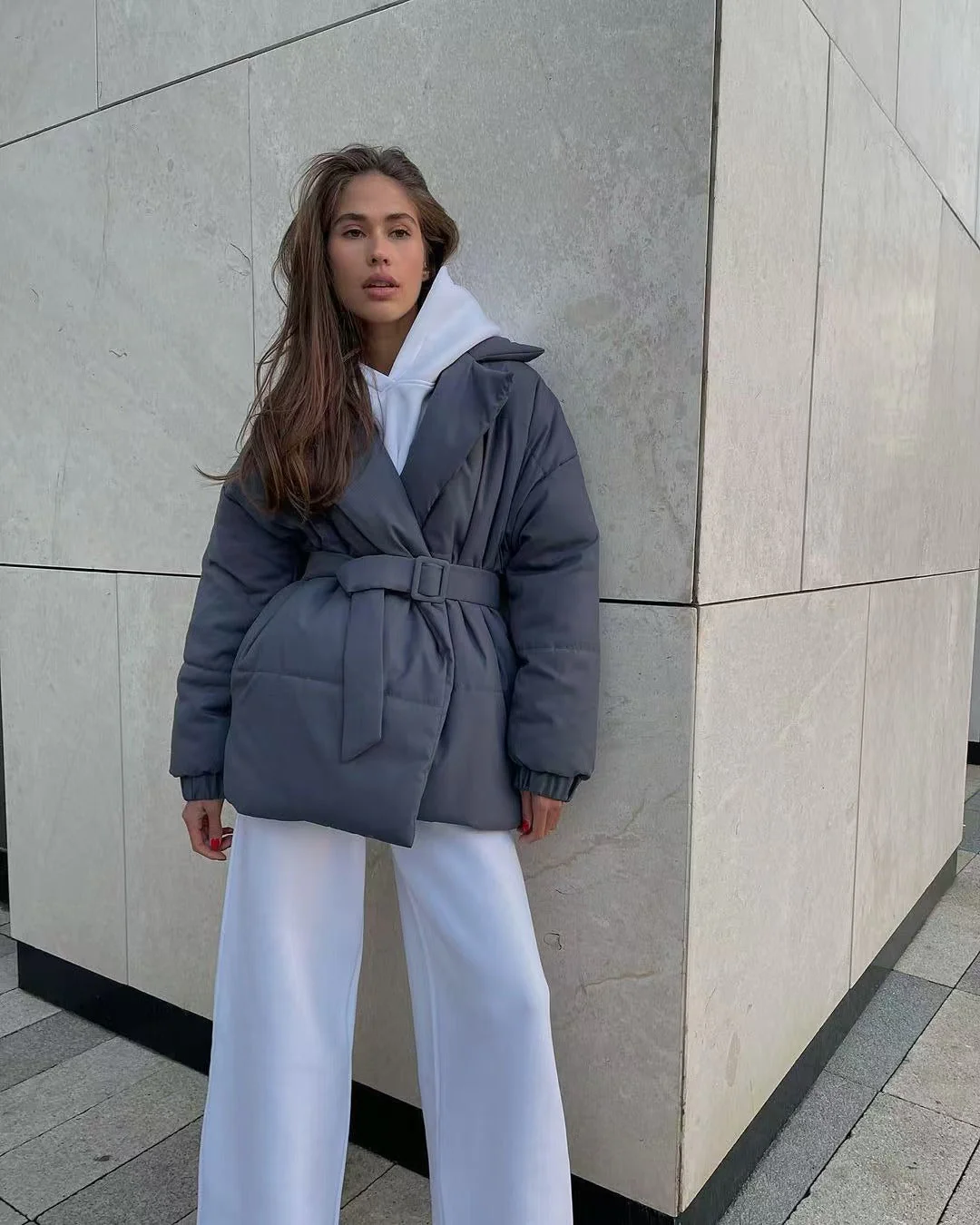Tie Waist Cotton V-Neck Puffer Jacket - Image 10