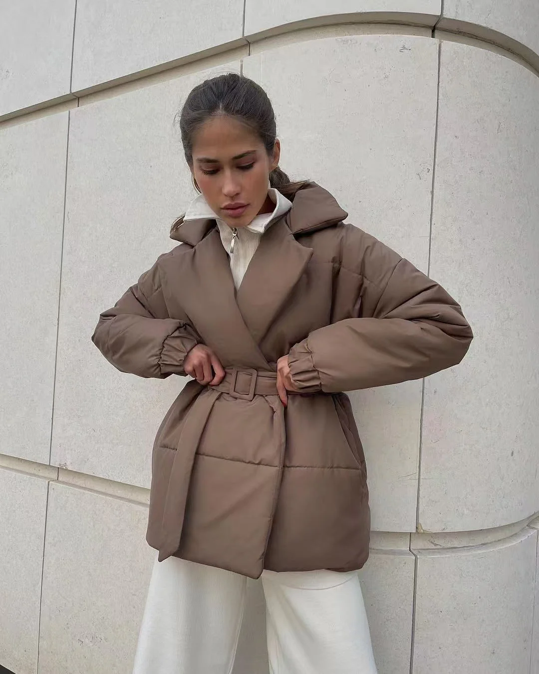 Tie Waist Cotton V-Neck Puffer Jacket - Image 3