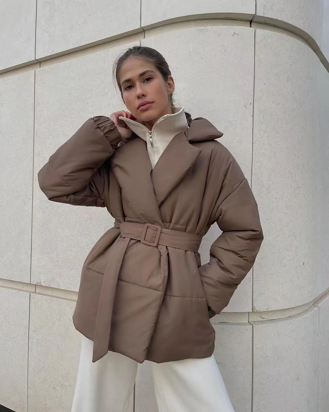 Tie Waist Cotton V-Neck Puffer Jacket - Image 4