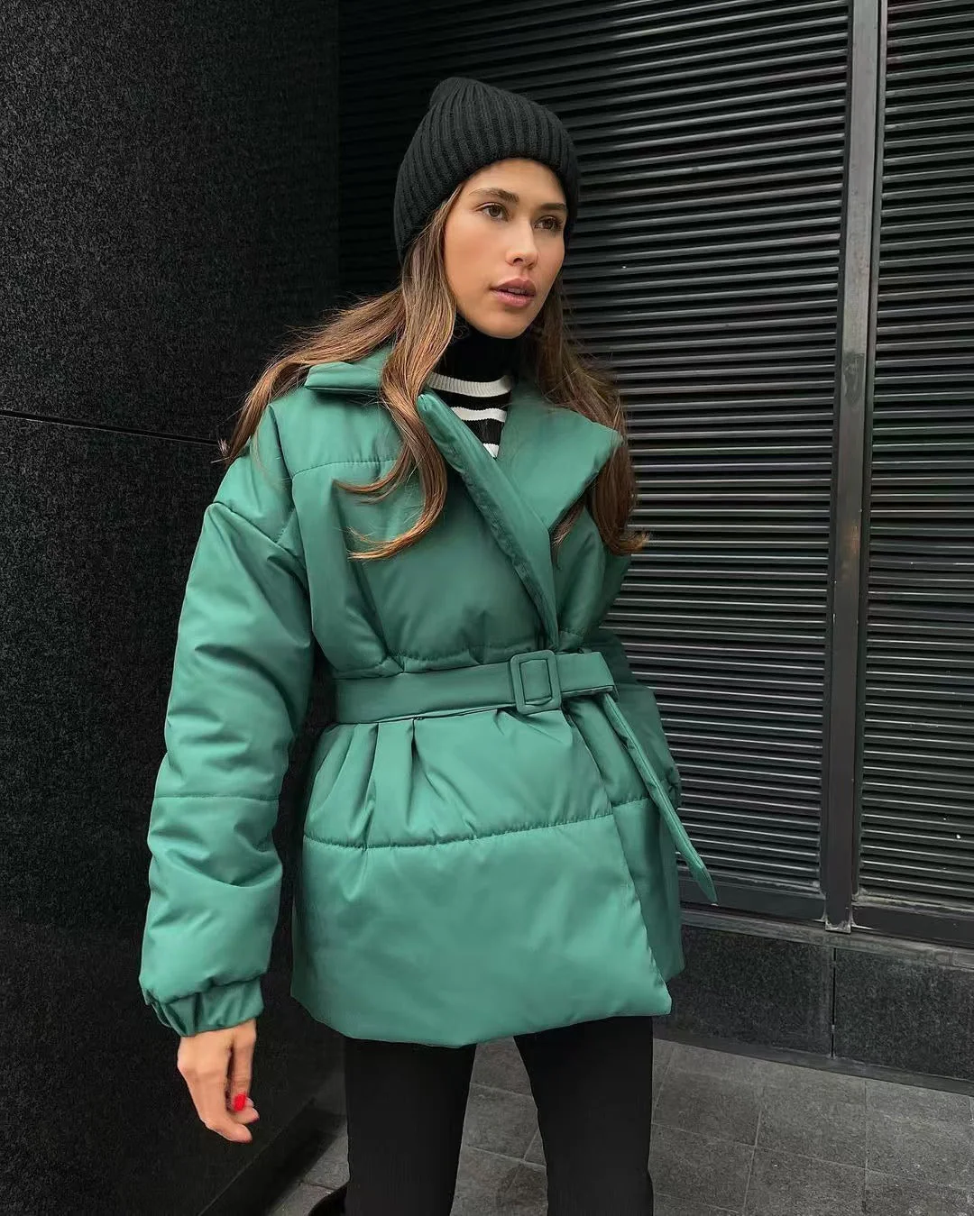 Tie Waist Cotton V-Neck Puffer Jacket - Image 5