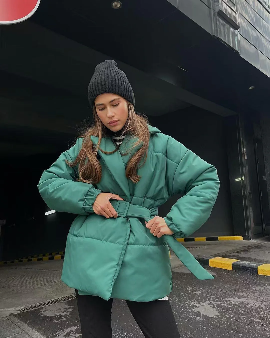 Tie Waist Cotton V-Neck Puffer Jacket - Image 6
