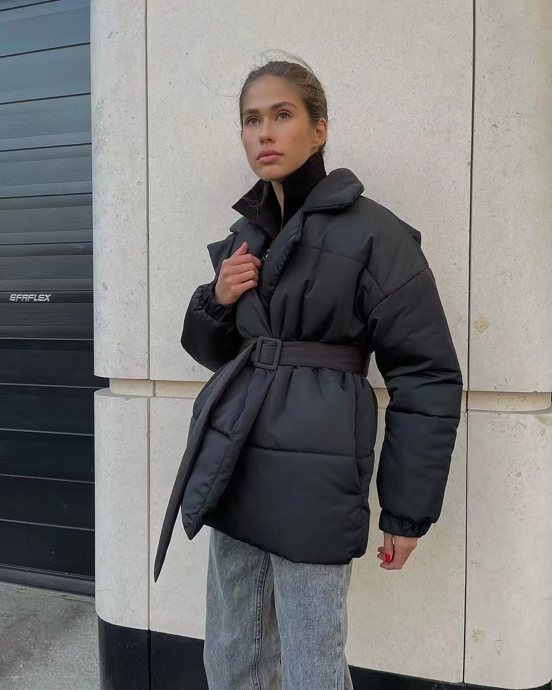 Tie Waist Cotton V-Neck Puffer Jacket - Image 7