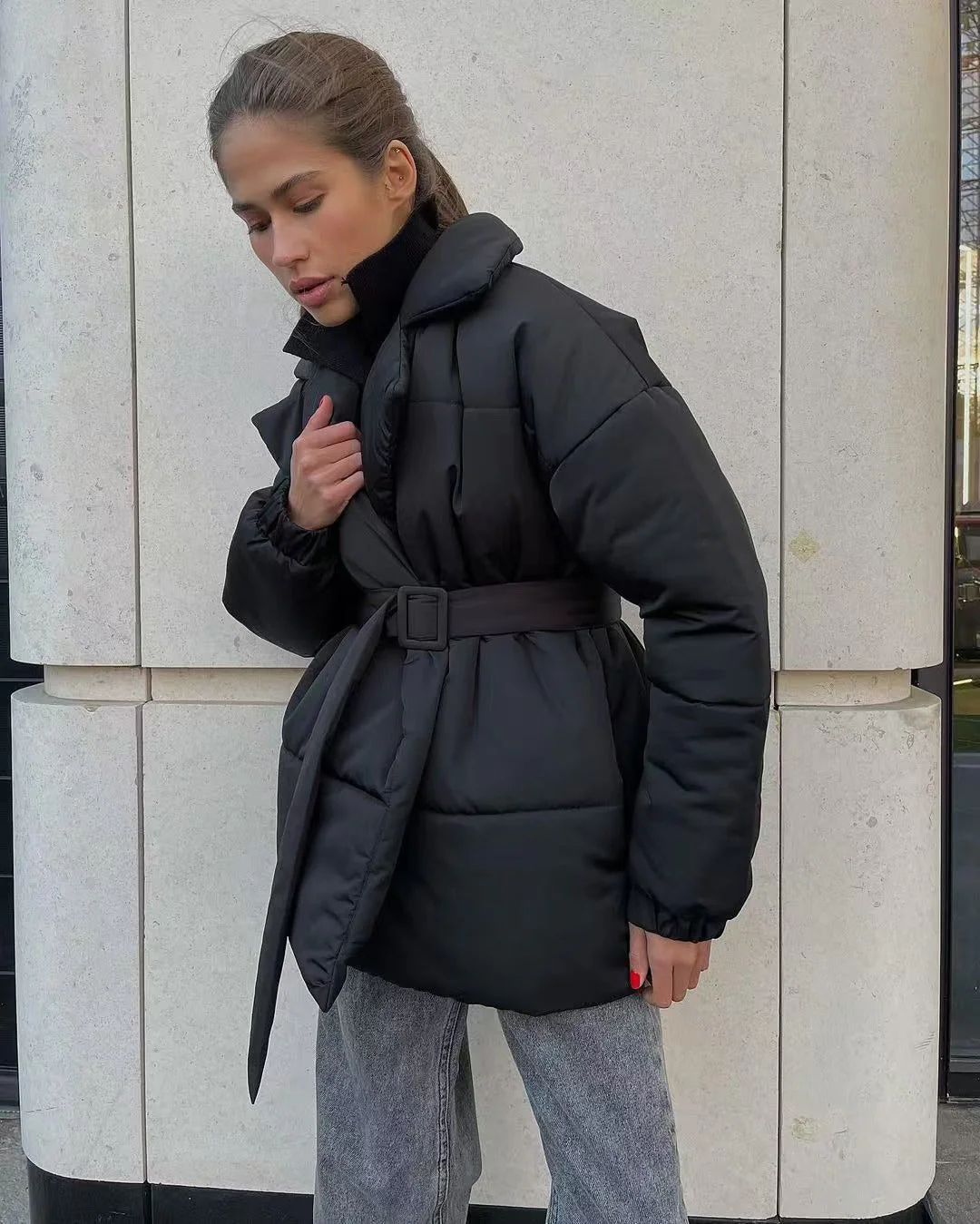 Tie Waist Cotton V-Neck Puffer Jacket - Image 8