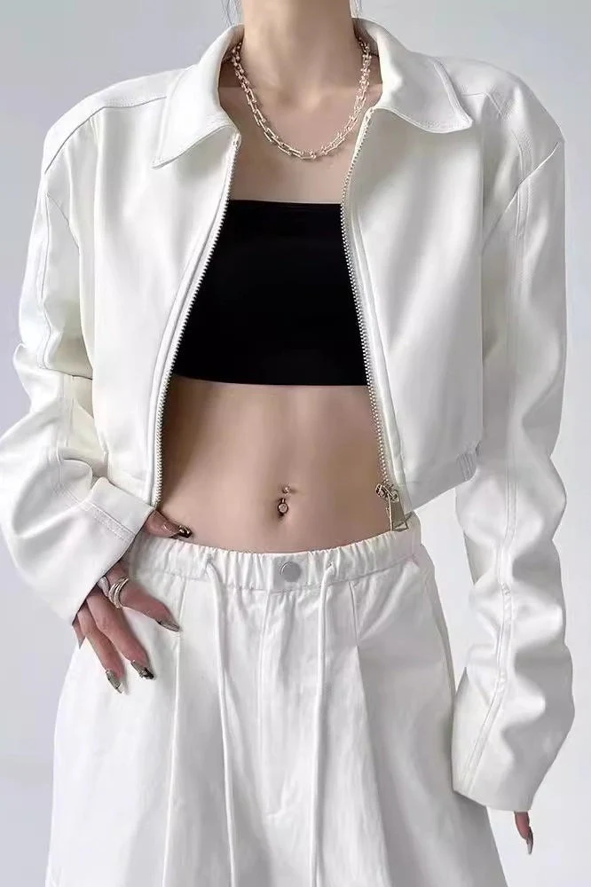 Turn Down Collar Biker Short Jacket - Image 3